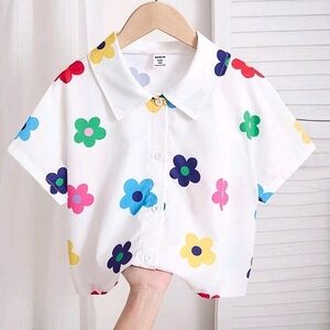 White and Blue Button Down Shirt with Playful Floral Design